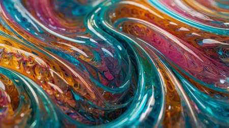 A fluid abstract composition with swirling, glossy waves in blue, gold, pink, and red, creating a dynamic and reflective surface.の素材