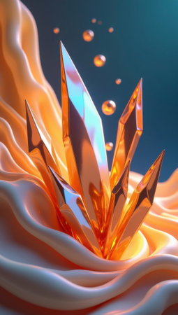 A mesmerizing crystalline structure emerges from fluid, undulating waves in warm orange and cool blue hues, reflecting ethereal light and creating a surreal, futuristic atmosphere.の素材