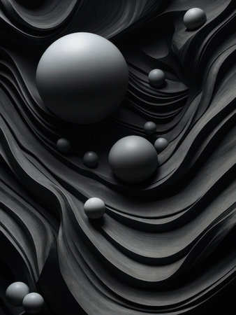A futuristic composition featuring smooth, matte spheres emerging from gently curved, flowing structures in monochrome black-and-white tones, creating a minimalist, surreal aesthetic.の素材
