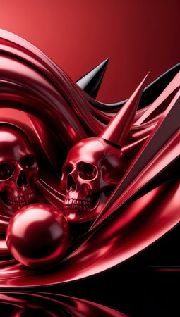A group of highly reflective red chrome skulls emerge from a surreal, fluid-like landscape with sharp black and red spikes, creating a futuristic and eerie composition.の素材