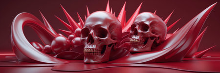 Two glossy red skulls rest in a surreal environment of flowing liquid-like shapes and sharp spikes, creating a futuristic and macabre atmosphere with a monochromatic red palette.の素材