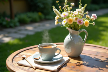 An idyllic still life with a steaming cup of coffee on a wooden table in the garden. Next to it stands a white vase with colorful summer flowers, emphasizing the warm and peaceful outdoor atmosphere.の素材