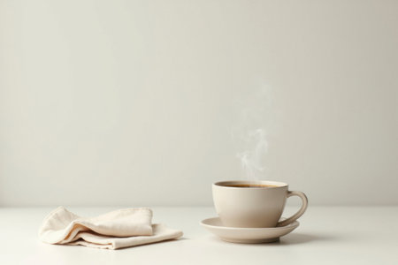 A white cup of steaming coffee sits on a bright table, accompanied by two folded fabric napkins. Soft light falls from the side, highlighting the calm, minimalist atmosphere.の素材