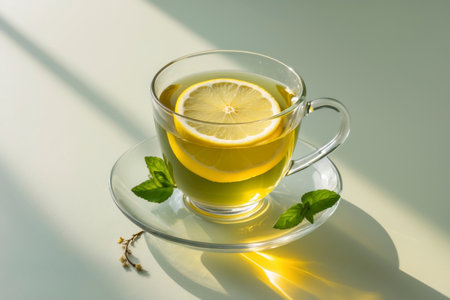 A clear glass cup filled with hot tea, with a fresh slice of lemon floating inside. Small mint leaves rest on the saucer, and the scene is illuminated by warm sunlight.の素材