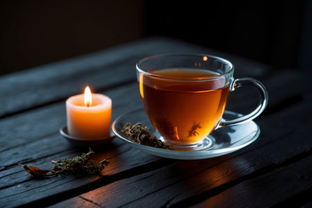 A glass cup of tea rests on a wooden table, accompanied by a burning candle that casts a warm, atmospheric glow. Dried herbs are placed loosely next to the cup, enhancing the tranquil mood.の素材