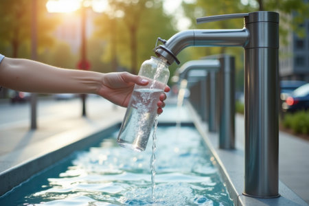 A hand fills a glass bottle at a modern drinking water fountain in the city. The image symbolizes sustainability, mindful use of resources, and the accessibility of clean drinking water in public spaces.の素材