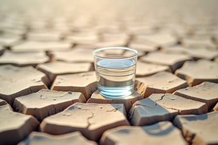 A half-full glass of water stands on parched, cracked ground. The image is symbolic, highlighting the precious value of water in times of drought and climate change.の素材