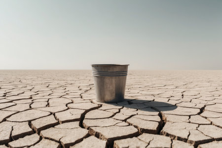 An empty metal bucket stands alone on cracked, parched ground. It becomes a symbol of water scarcity, drought, and the futility of searching for water in a dried-out world.の素材