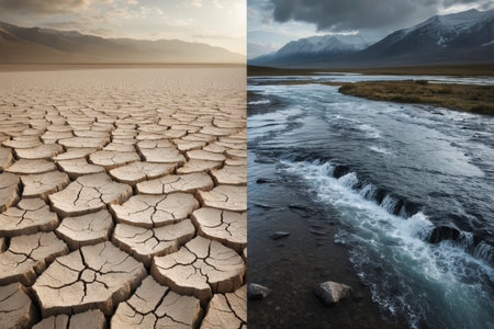 The image shows two contrasting landscapes: on the left dry, cracked earth under a blue sky, on the right a powerful river flowing through a mountain valley. It highlights the stark contrast between water scarcity and abundance, between drought and life.の素材