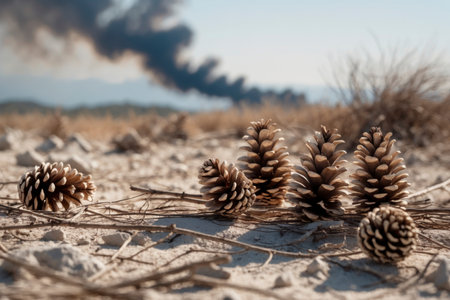 Several pine cones rest on dry, sandy ground. In the background, a dense column of smoke rises into the sky, indicating a nearby forest fire. The image symbolizes environmental destruction, heat, and the dangers of climate change.の素材