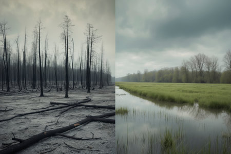 The image shows two stark contrasts: on the left a charred, burnt forest with blackened ground and bare tree trunks, on the right a lush, wet meadowland with pools of water. It highlights the fragile balance between destruction caused by drought and fire and the life-giving force of water.の素材