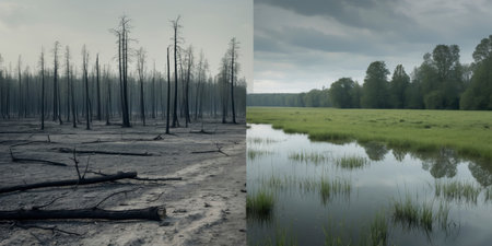 The image shows two stark contrasts: on the left a charred, burnt forest with blackened ground and bare tree trunks, on the right a lush, wet meadowland with pools of water. It highlights the fragile balance between destruction caused by drought and fire and the life-giving force of water.の素材