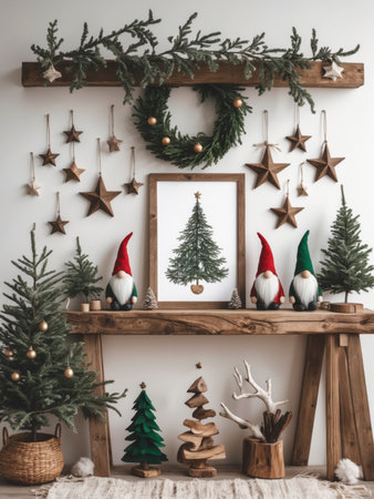 Festive wall decoration with Christmas gnomes wearing red and green hats, framed by pine branches, wooden elements, and stars. A framed picture of a decorated Christmas tree serves as the centerpiece, creating a warm and nature-inspired winter atmosphere.の素材