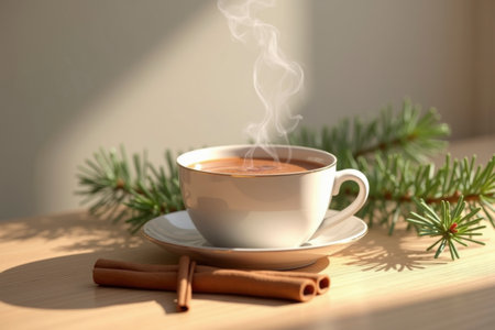 A steaming cup of hot chocolate sits on a wooden table, accompanied by cinnamon sticks and a pine branch. The warm light and simple setting create a cozy and festive Christmas atmosphere.の素材