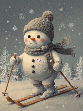 A cheerful snowman with a carrot nose wears a hat and a scarf with snowflake patterns and stands on skis with poles in a snowy winter scene.の素材
