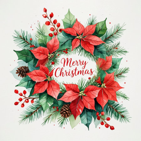 Festive wreath made of pine branches, holly leaves, berries, cones, and poinsettias, with the text Merry Christmas in the center.の素材