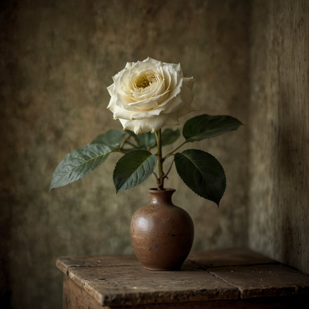 A single rose in a simple vase on an old wooden table, placed next to a textured wall. The image conveys a calm and timeless atmosphere.の素材