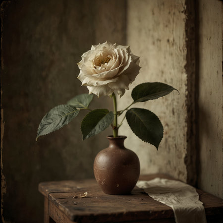 A single rose in a simple vase on an old wooden table, placed next to a textured wall. The image conveys a calm and timeless atmosphere.の素材