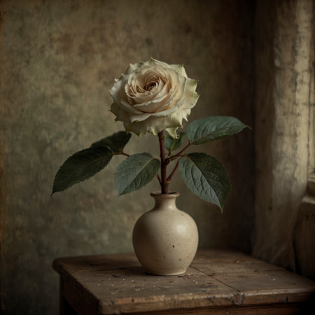 A single rose in a simple vase on an old wooden table, placed next to a textured wall. The image conveys a calm and timeless atmosphere.の素材