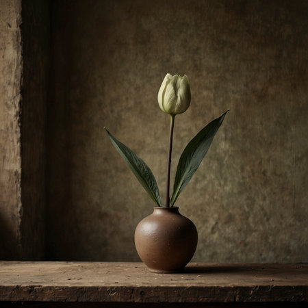 A single tulip in a simple vase on an old wooden table, placed in front of a subtly textured wall. The image conveys calmness and restraint.の素材
