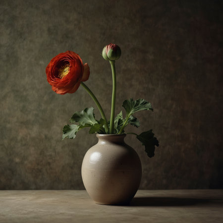 A ranunculus arrangement is placed in a vase on a tabletop. The presentation is simple, highlighting the natural form of the flowers and leaves, framed by a calm background.の素材