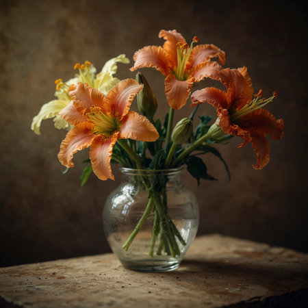 A bouquet of lilies arranged in a vase, placed on a round wooden table with a few fallen petals. The background is simple and understated.の素材