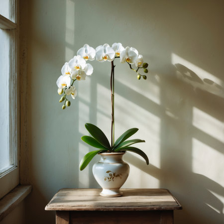 An orchid is placed in a vase on a wooden surface. The incoming light highlights the delicate blossoms and creates a calm, almost meditative atmosphere.の素材