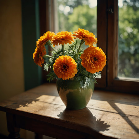 A bouquet of marigolds is placed in a vase on a wooden table. The soft light highlights the structure of the flowers and leaves, giving the arrangement a calm and balanced atmosphere.の素材