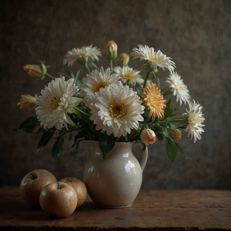Flowers are arranged in a vase on a wooden table, accompanied by apples placed next to them. The muted colors and soft light give the still life a calm and natural character.の素材