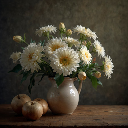 Flowers are arranged in a vase on a wooden table, accompanied by apples placed next to them. The muted colors and soft light give the still life a calm and natural character.の素材