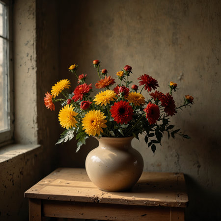 Chrysanthemums are arranged in a vase on a wooden table. The light highlights the structure of the blossoms, creating an expressive yet calm atmosphere.の素材