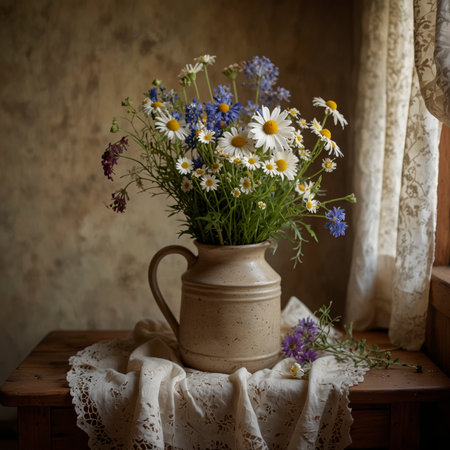 A bouquet of wildflowers, including chamomile, is placed in a vase on a small wooden table. A lace-edged cloth rests loosely on the tabletop and catches the soft side light.の素材