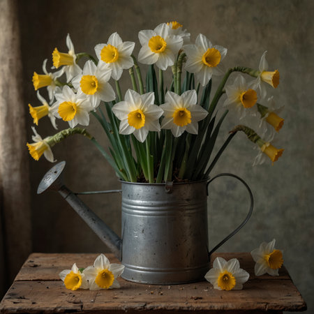 A bouquet of daffodils is arranged in an old watering can. The scene is placed on a wooden table and appears nostalgic and simple due to the aged background.の素材