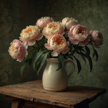 An arrangement of peonies is placed in a vase on a wooden table. The background is subtly toned, directing the focus onto the lush blossoms, presented in the style of a classic still life.の素材