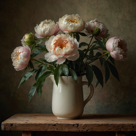 An arrangement of peonies is placed in a vase on a wooden table. The background is subtly toned, directing the focus onto the lush blossoms, presented in the style of a classic still life.の素材