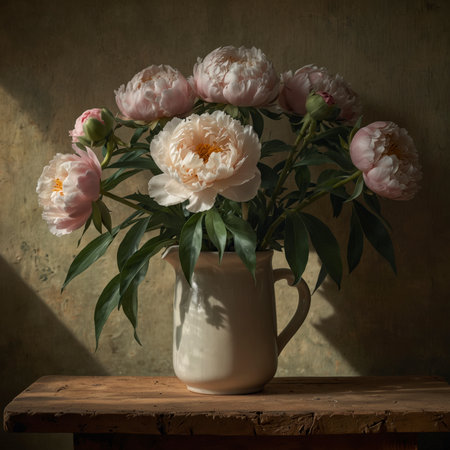 An arrangement of peonies is placed in a vase on a wooden table. The background is subtly toned, directing the focus onto the lush blossoms, presented in the style of a classic still life.の素材
