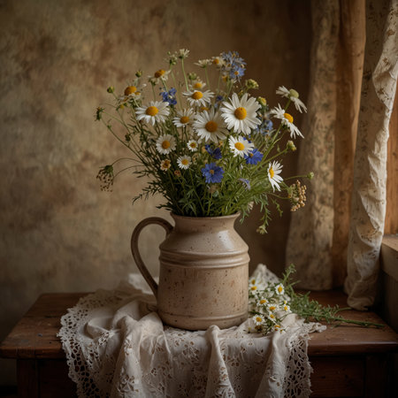 A bouquet of wildflowers, including chamomile, is placed in a vase on a small wooden table. A lace-edged cloth rests loosely on the tabletop and catches the soft side light.の素材