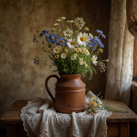 A bouquet of wildflowers, including chamomile, is placed in a vase on a small wooden table. A lace-edged cloth rests loosely on the tabletop and catches the soft side light.の素材