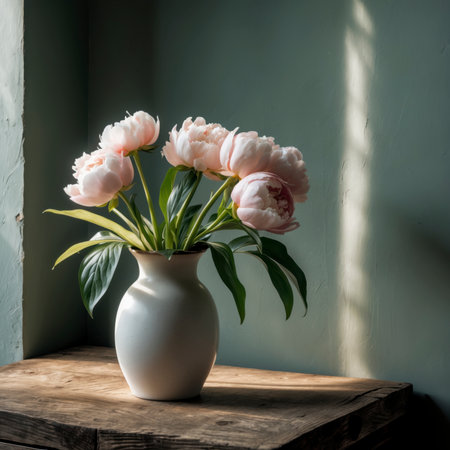 An arrangement of peonies is placed in a vase on a wooden table. The background is subtly toned, directing the focus onto the lush blossoms, presented in the style of a classic still life.の素材