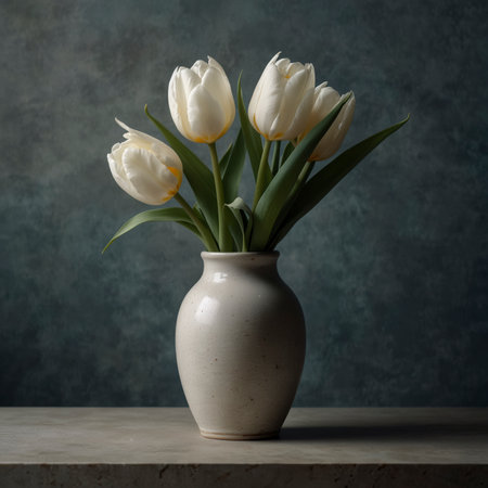 An arrangement of tulips is placed in a vase on a stone surface. The background is simple, emphasizing the elegance of the blossoms in a calm still life composition.の素材