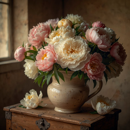 An arrangement of peonies is placed in a vase on an old wooden chest. The soft light from the side highlights the lush blossoms and creates a calm, nostalgic atmosphere.の素材