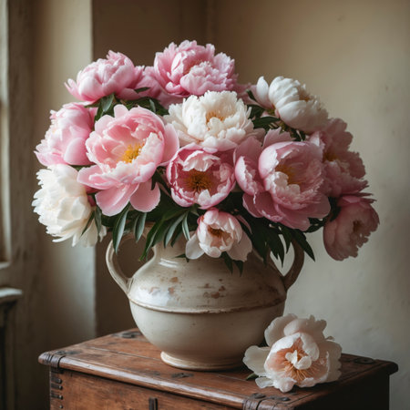 An arrangement of peonies is placed in a vase on an old wooden chest. The soft light from the side highlights the lush blossoms and creates a calm, nostalgic atmosphere.の素材