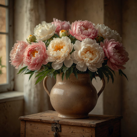 An arrangement of peonies is placed in a vase on an old wooden chest. The soft light from the side highlights the lush blossoms and creates a calm, nostalgic atmosphere.の素材