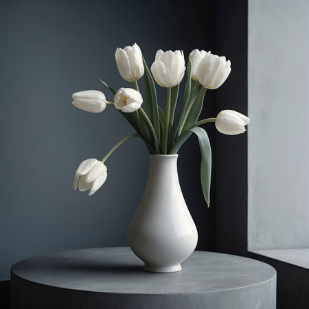 An arrangement of tulips is placed in a vase on a stone surface. The background is simple, emphasizing the elegance of the blossoms in a calm still life composition.の素材