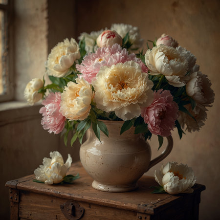 An arrangement of peonies is placed in a vase on an old wooden chest. The soft light from the side highlights the lush blossoms and creates a calm, nostalgic atmosphere.の素材