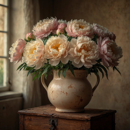 An arrangement of peonies is placed in a vase on an old wooden chest. The soft light from the side highlights the lush blossoms and creates a calm, nostalgic atmosphere.の素材