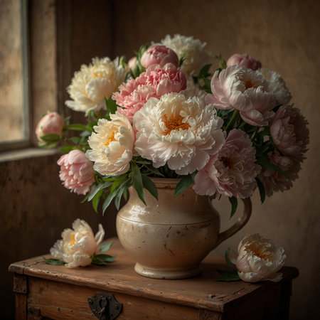 An arrangement of peonies is placed in a vase on an old wooden chest. The soft light from the side highlights the lush blossoms and creates a calm, nostalgic atmosphere.の素材