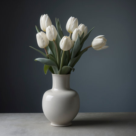An arrangement of tulips is placed in a vase on a stone surface. The background is simple, emphasizing the elegance of the blossoms in a calm still life composition.の素材