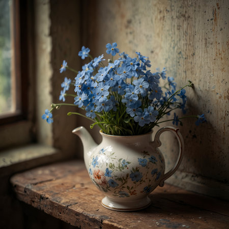 A bouquet of forget-me-nots is arranged in a teapot, placed on an old wooden surface by the window. The natural light highlights the delicate flowers and gives the scene a quiet, nostalgic atmosphere.の素材