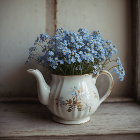A bouquet of forget-me-nots is arranged in a teapot, placed on an old wooden surface by the window. The natural light highlights the delicate flowers and gives the scene a quiet, nostalgic atmosphere.の素材